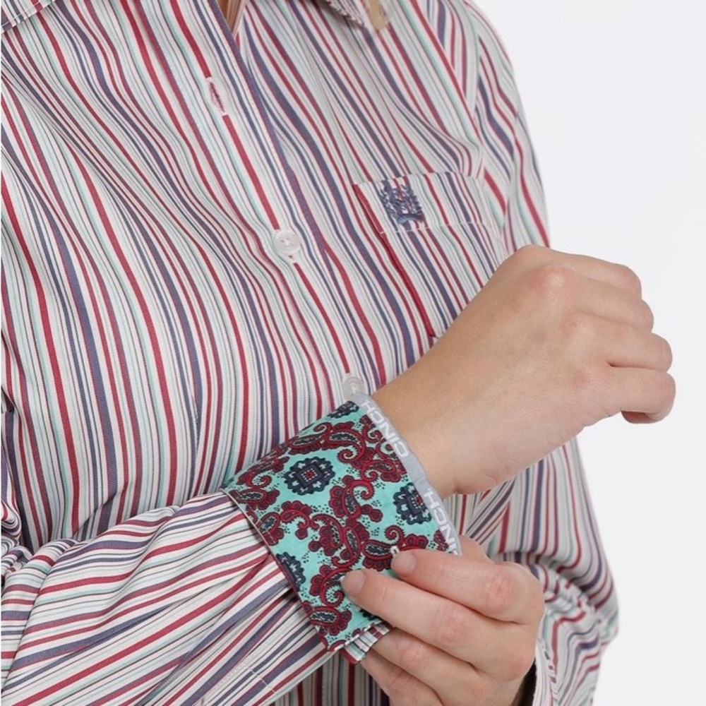 NWT Cinch Tencel Women's Striped Button-Up Shirt - Red, Blue, White - Picture 3 of 16